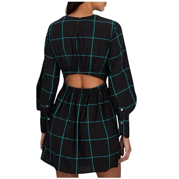 NEW Staud Black Windowpane Long Sleeve Cut Out Mini Crosshill Dress Size Large - Picture 7 of 8
